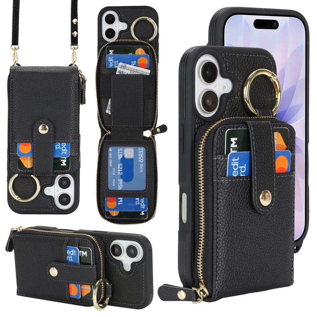 For iPhone 17 Case with Zipper Pouch / Ring Kickstand / Strap Litchi Texture PU + TPU Phone Cover
