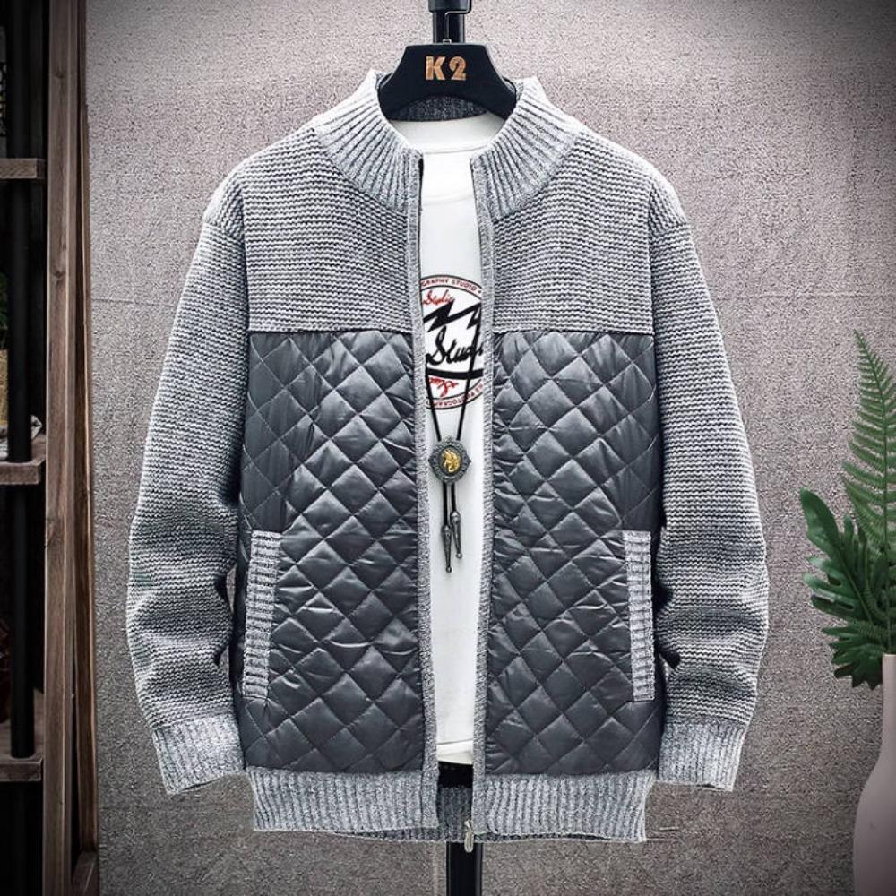 Fuzzy Lining Men's Sweater Jacket Plus Size Cardigan Jacket Stand-up Collar Patchwork Sweatercoat Warm