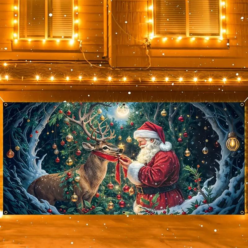1 Stück 2D Flaches Weihnachtsgaraenbanner - Weihnachtsmann und Rentier in verschneiter Szene mit Feiertagsdekorationen Kein Strom erforderlich
