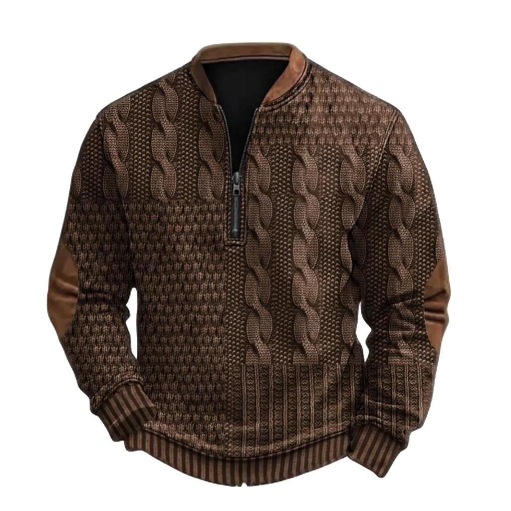 Men's Casual, Trendy, Retro American- Printed Round-neck Long-sleeved Half-pull Hoodie