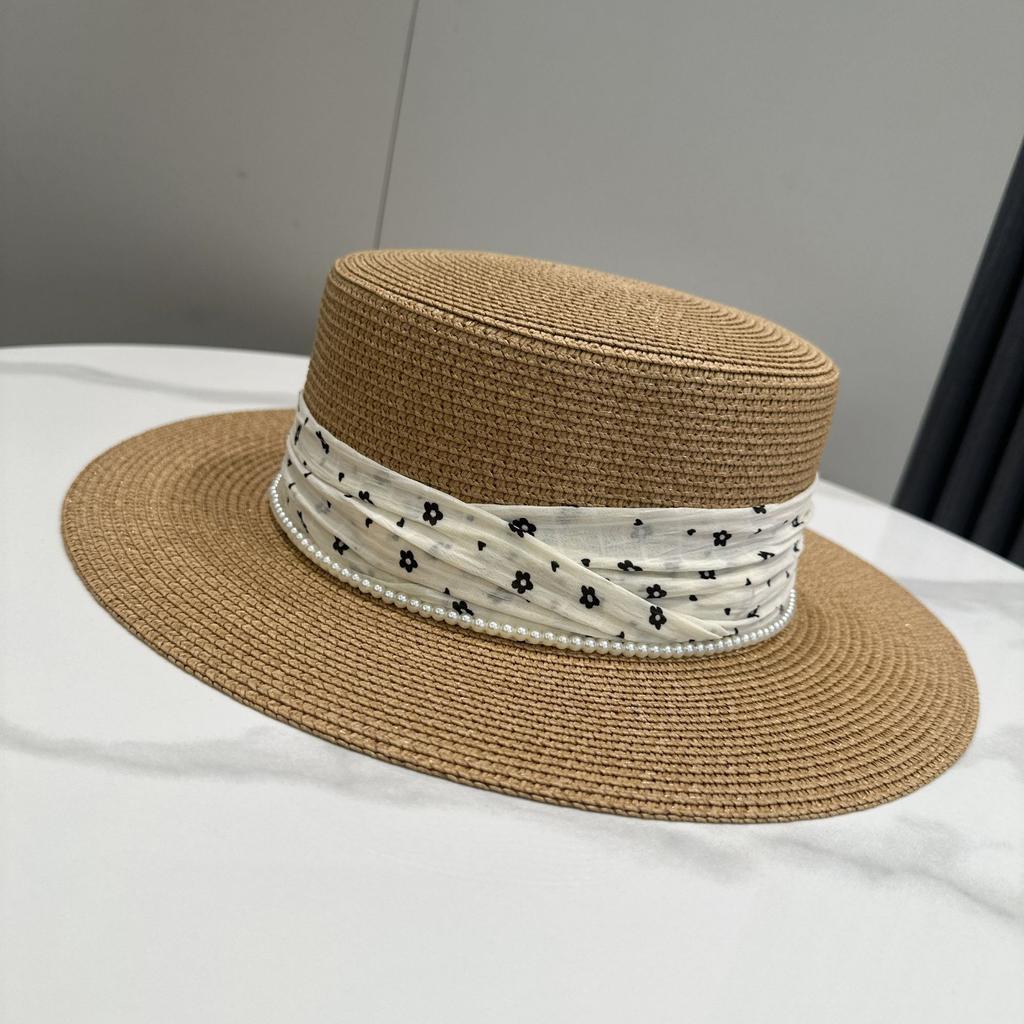 Summer Seaside Vacation Straw Hat with French Floral Pearl Detail Large Brim Flat Top Sunshade Hat for Women