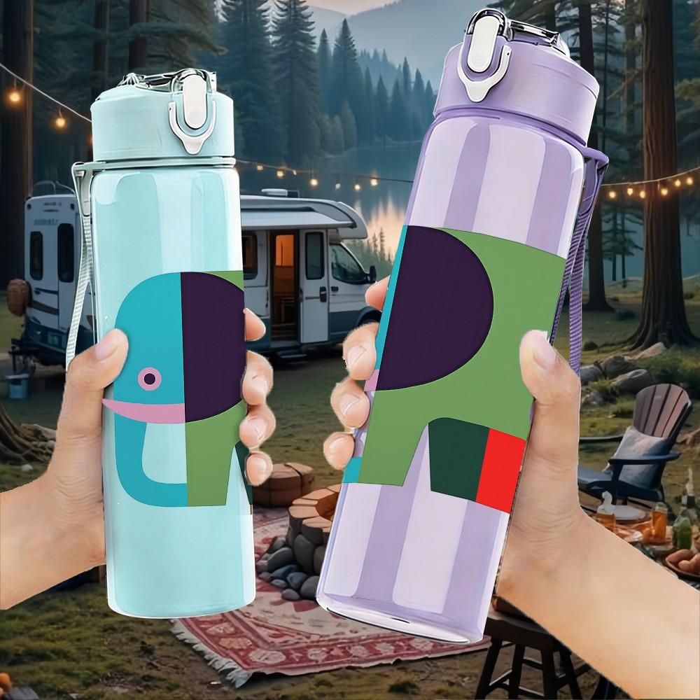 1PC Cute Multicolor Elephant Animal Print 750ml Color Plastic Sports Water Bottle Leakproof Flip Straw Lid Suitable for Sports Office Home Use