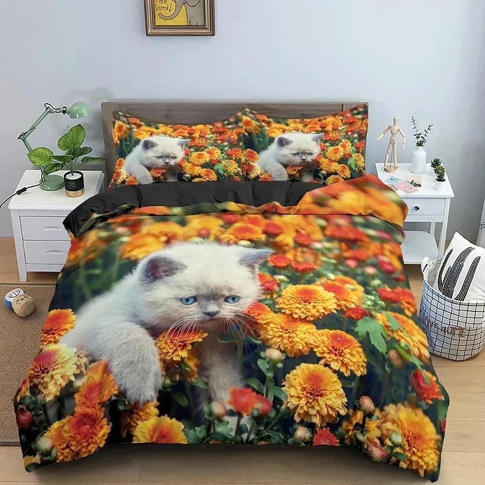 3D Animal Bedding Set Cute Cat Printed Duvet Cover Set Twin Double Full Queen King Size Comforter Cover With Pillowcase
