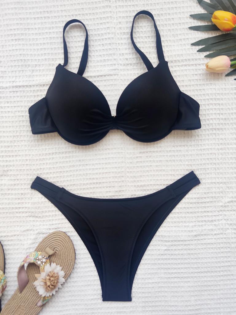 Women's Swimsuit Solid Color High Waist Two-Piece Swimsuit Bikini Beachwear Bathing Suits