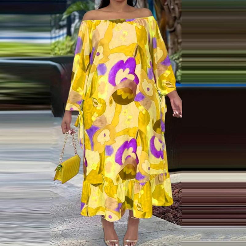 

Женское платье больших размеров с открытыми плечами и длинными рукавами с принтом 4XL жёлтый