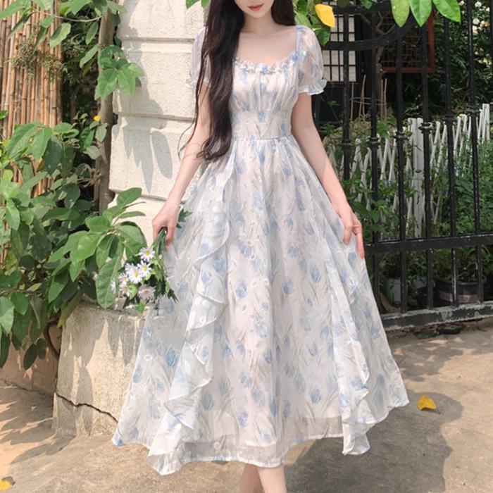 First Love Floral Chiffon Square Neck Elegant Summer Dress for Women, Plus Size, Waist-Cinched, Slimming, and Fairy Long.