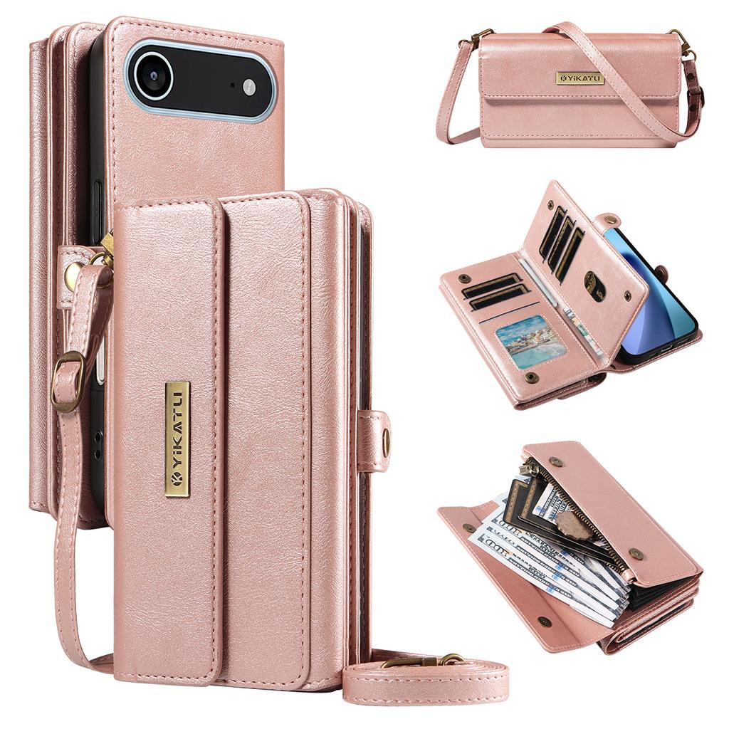 For iPhone 17 Air Case YIKATU YK-008 Zipper Wallet Leather Phone Cover with Shoulder Strap