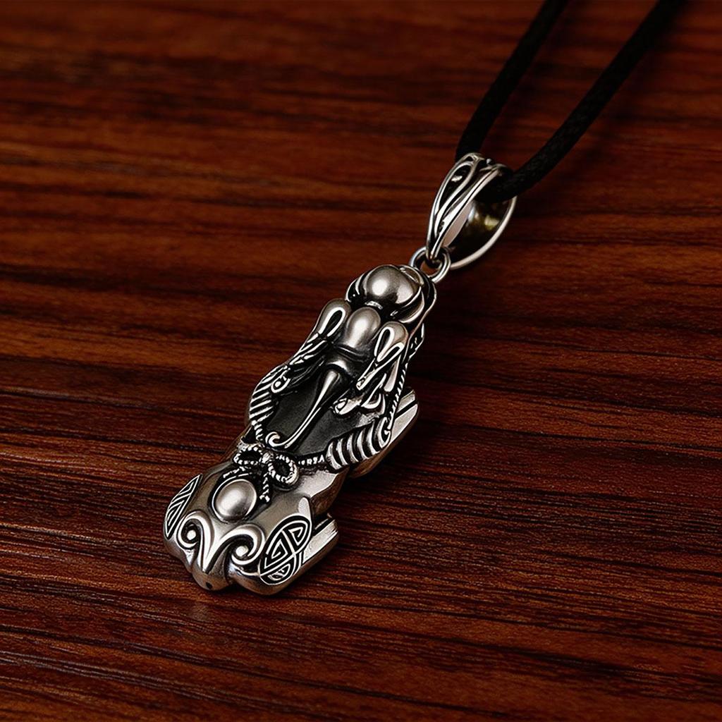 Silver Ruyi Pixiu Pendant, Unisex Braided Rope Necklace, Pikachu Sweater Chain Pendant, Vintage Ethnic Style Wear Accessory