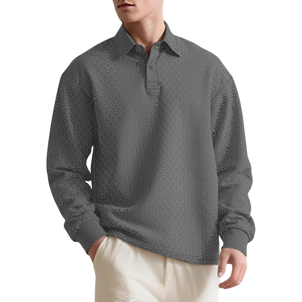 Men's Textured Jacquard Solid-Colour Button-Down Polo Shirt with Collar New Style Long-Sleeved Oversized Sweatshirt