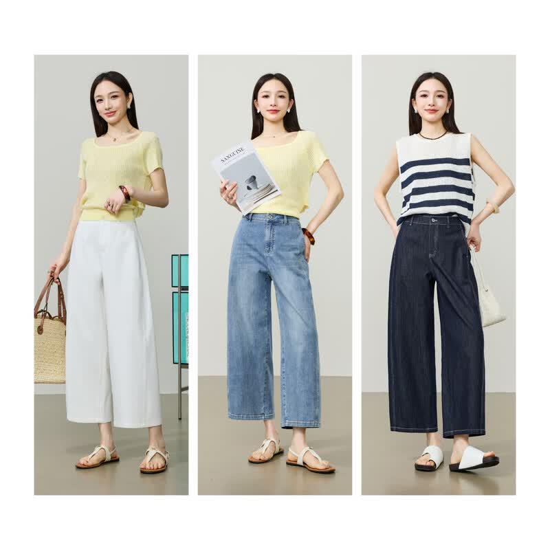 ESE-Y Damen Schlankmachende High-Waist Gebogene Weite Bein Cropped Jeanshose