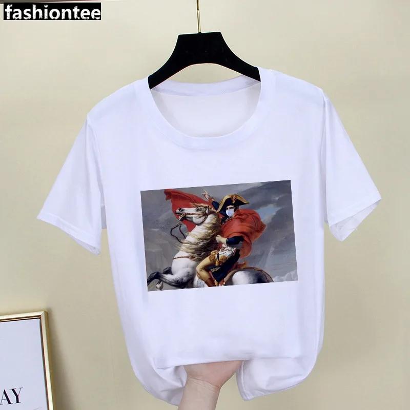 Parody Retro Oil Painting Print Ladies Simple Loose White Round Neck Short Sleeve T-shirt Women Clothing Graphic Tops Harajuku