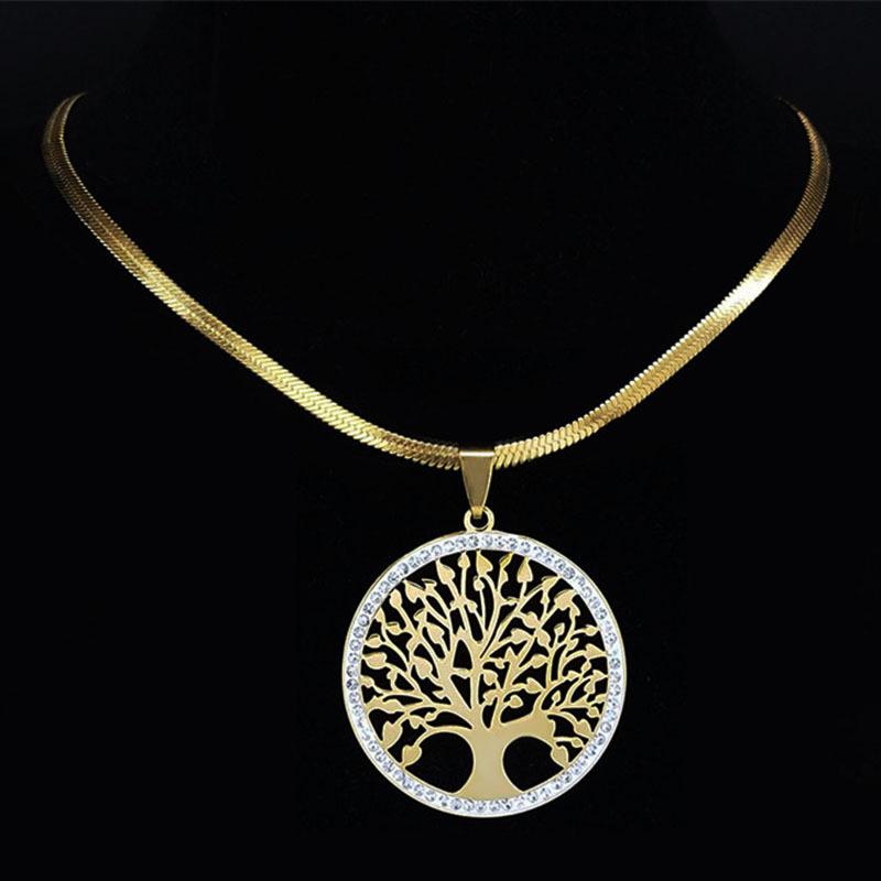 Tree Of Life Pendant Necklace Women Gold Crystal Stainless Steel Jewelry Elegant Gift For Her