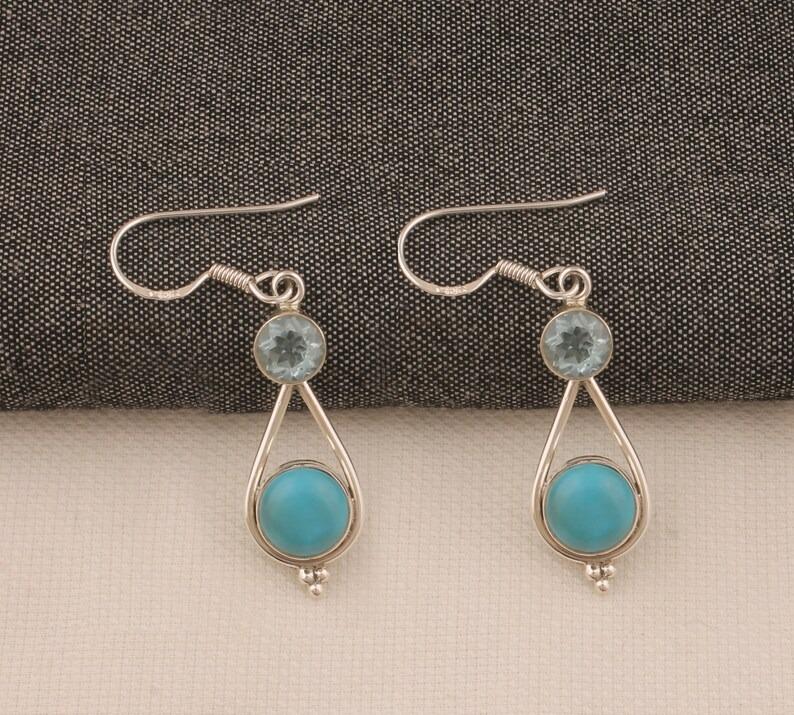 Solid 925 Sterling Silver Turquoise & Blue Topaz Gemstone handmade Designer Dangle Drop Earring Women Jewelry