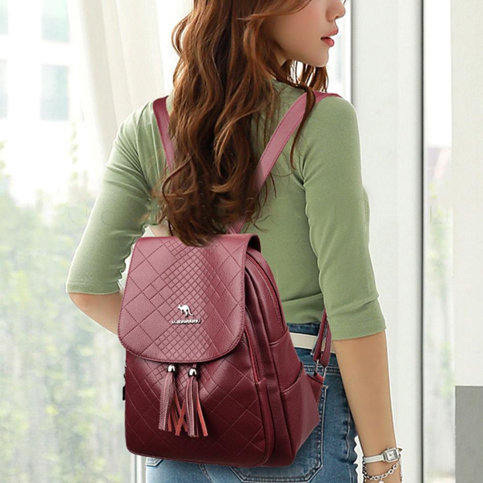 High Quality Leather Women's Backpack Purses with Tassel  Luxury Brand School Sac Lady Bookbag Teenage Girls Fashion Mochila