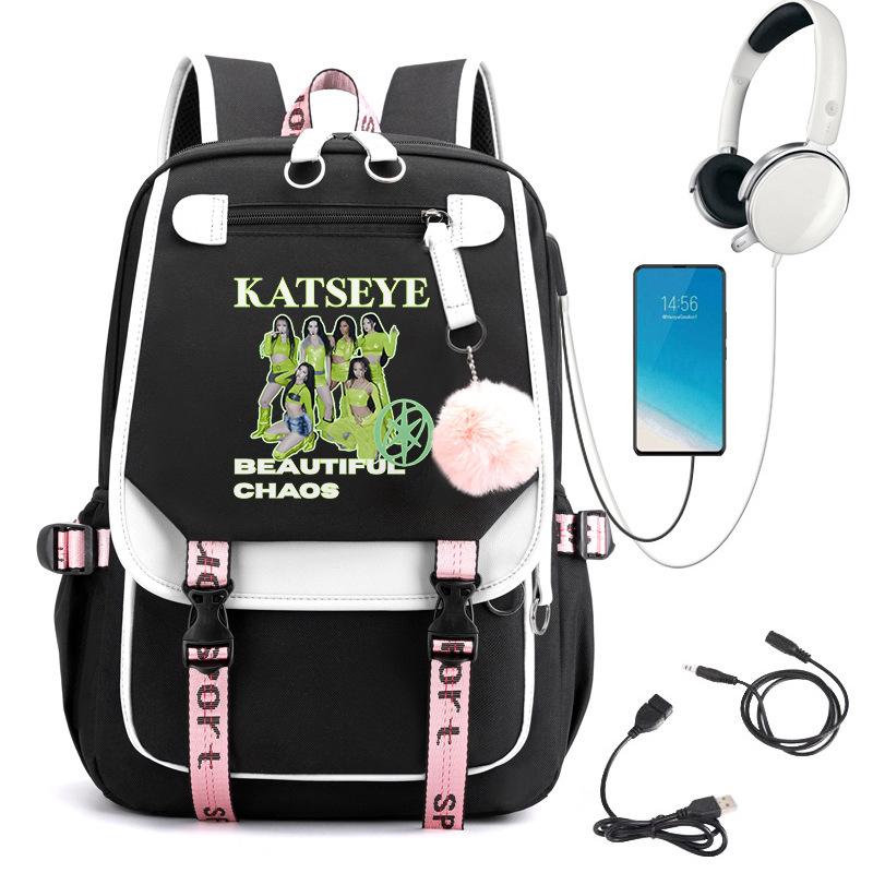 KATSEYE Skolas mugursoma ar USB uzlādes
