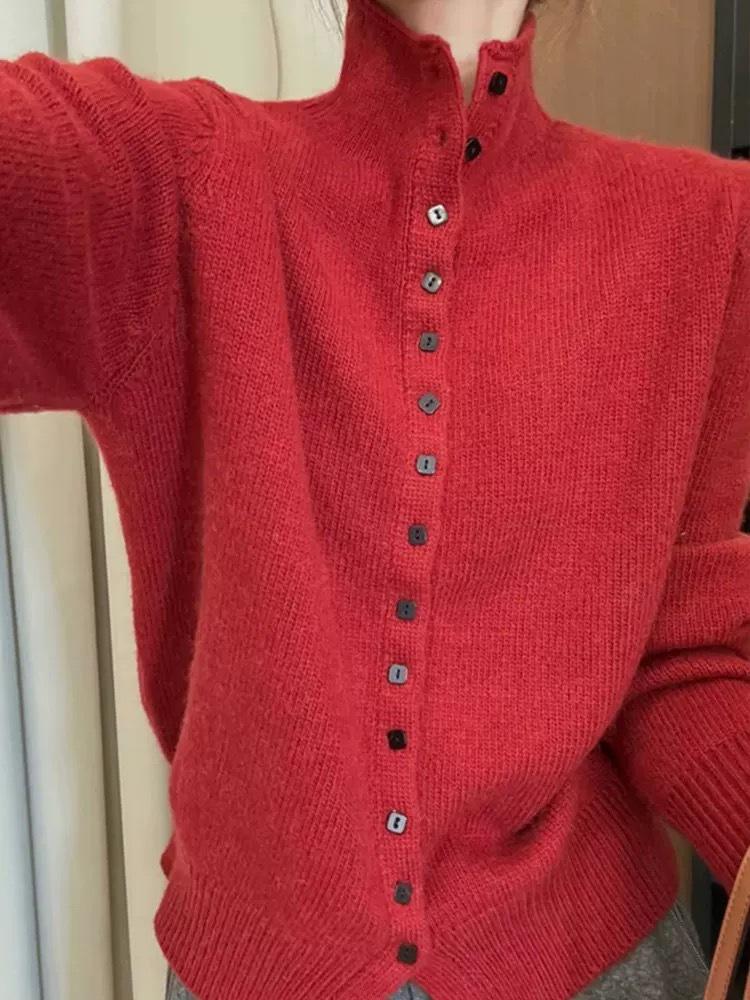 Elegant 100% Wool Stand Collar Sweater Cardigan for Women - Chic and Casual Niche Style
