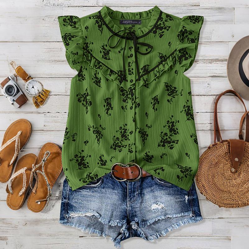 ZANZEA Women Summer Casual Round Neck Sleeveless Loose Print Vest Tops