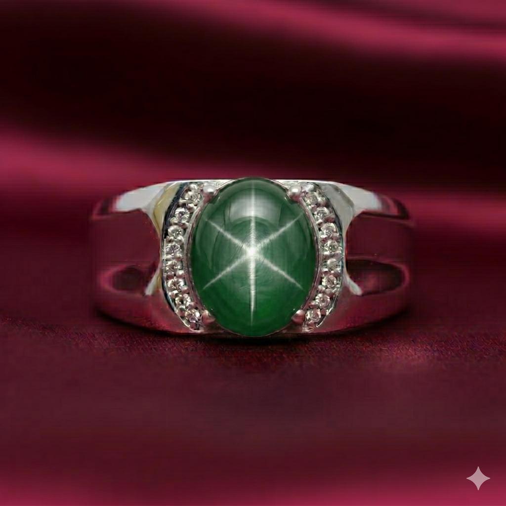 6 Ray Green Star Sapphire Ring With 925 Sterling Silver Linde Star Sapphire Engagement Ring Oval Shape Green Gemstone