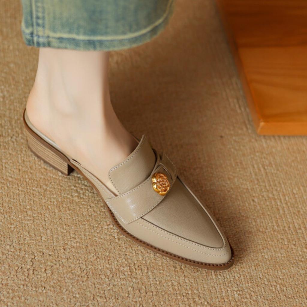 Soft Leather Pointed Head Half Slippers Women's Thick Heel 2025 New Slippers Women's Summer Outer Wear Middle Heel