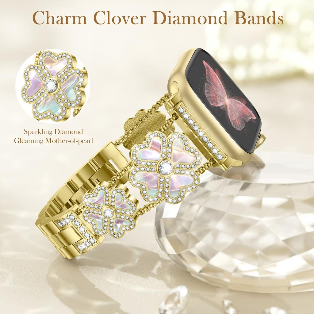 Metal Strap for Apple Watch Series 10 Ultra 9 8 7 SE 6 5 4 3 2 1 46mm 49mm 45mm 44mm 42mm Heart Clover Decor Watch Band