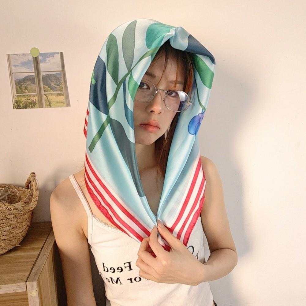 Satin Fabric Silk Satin Turban Breathable Bandana Head Scarf Elegant Flower Printed Scarf  Girls