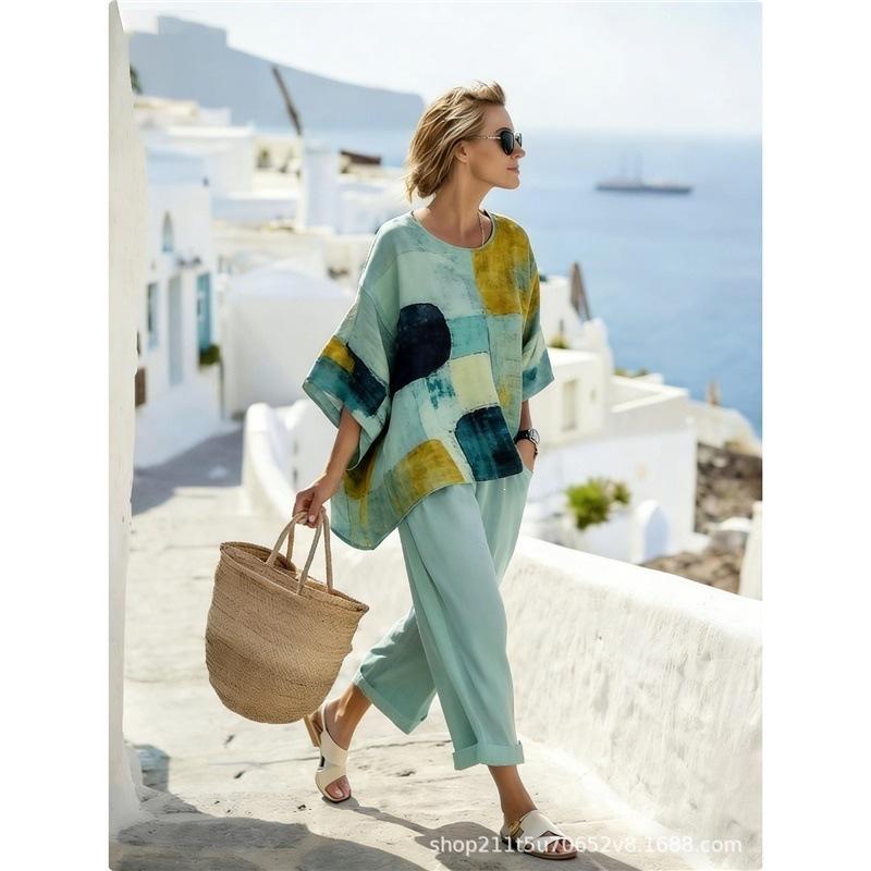 1116 New Bohemian Crew Neck 1D Full Printing Two-piece Set Women's Loose Casual Seaside Holiday Set