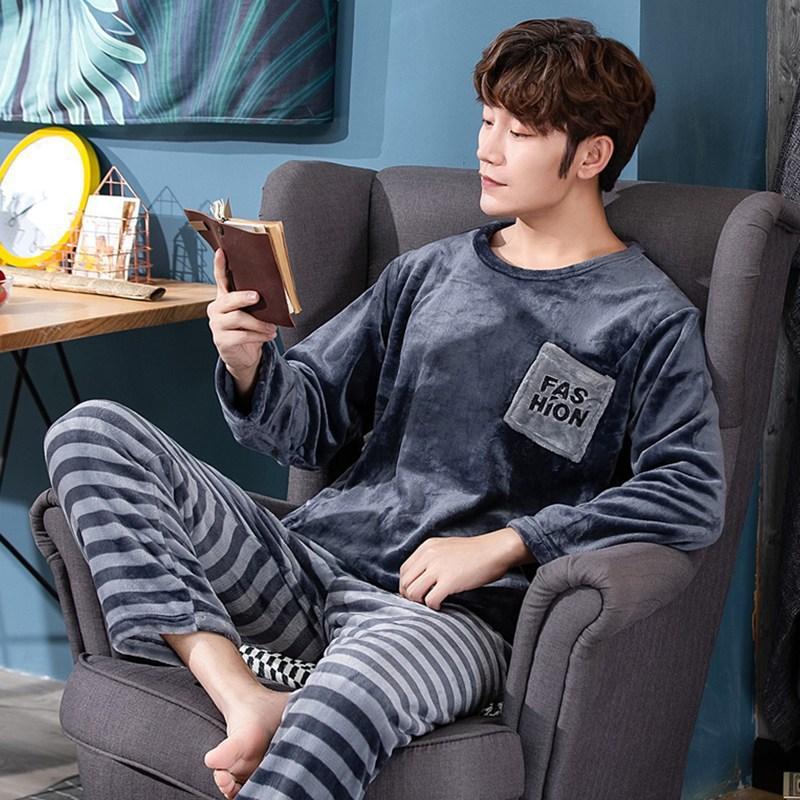 Thickened Warm Winter Flannel Pajamas Men Padded Long-Sleeved Long Trousers Letters Sleepwear Homewear Loungewear Two-Piece Set