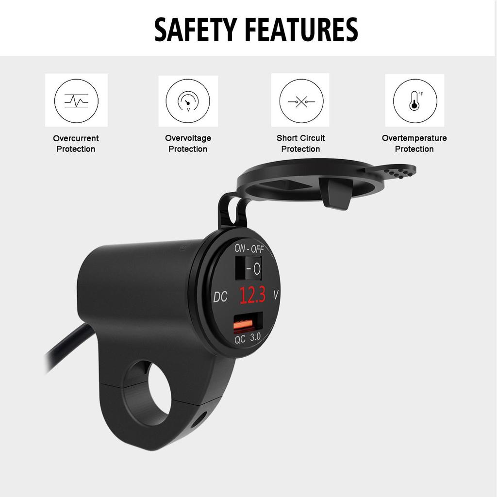 12V Motorcycle Handlebar 2.4A USB Adapter Charger with Digital Voltmeter Fits for 22mm-26mm Handlebars