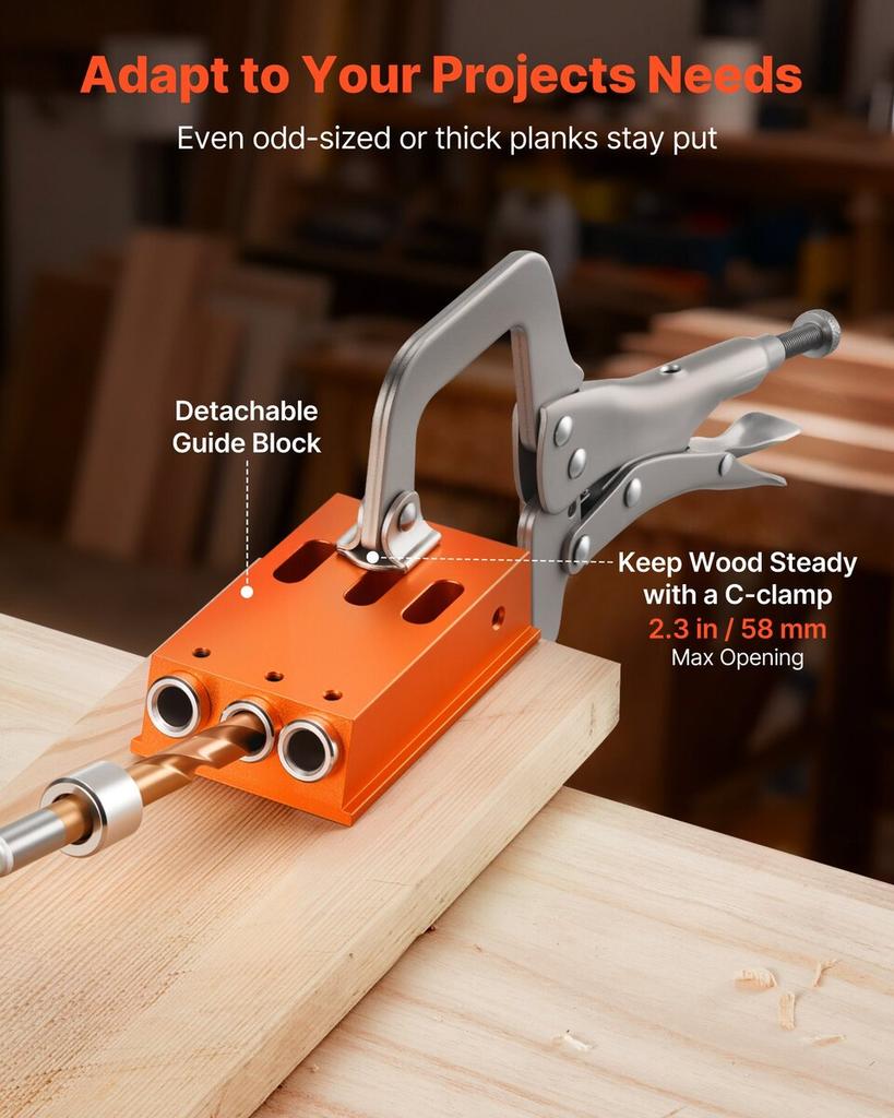 Pocket Hole Jig Kit, 12.7 to 38.1 mm Adjustable, Jig Pocket Hole System with Toolcase, C-Clamp, Step Drill, Hex Wrench, Drill Stop Ring, Square Drive