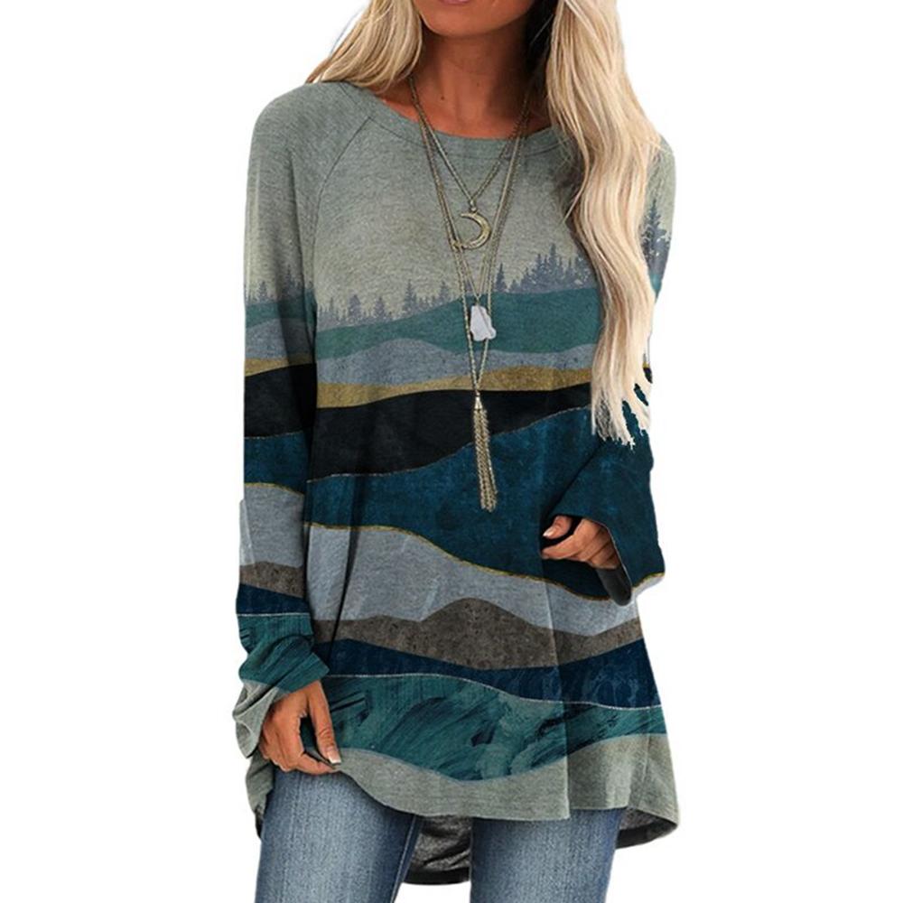 Cartoon Katzen Auf Die Baum Drucken T-shirt Langarm Frauen Tops Plus Größe Casual T-shirts 2XL 3XL Runde Beck Lose shirts Femme