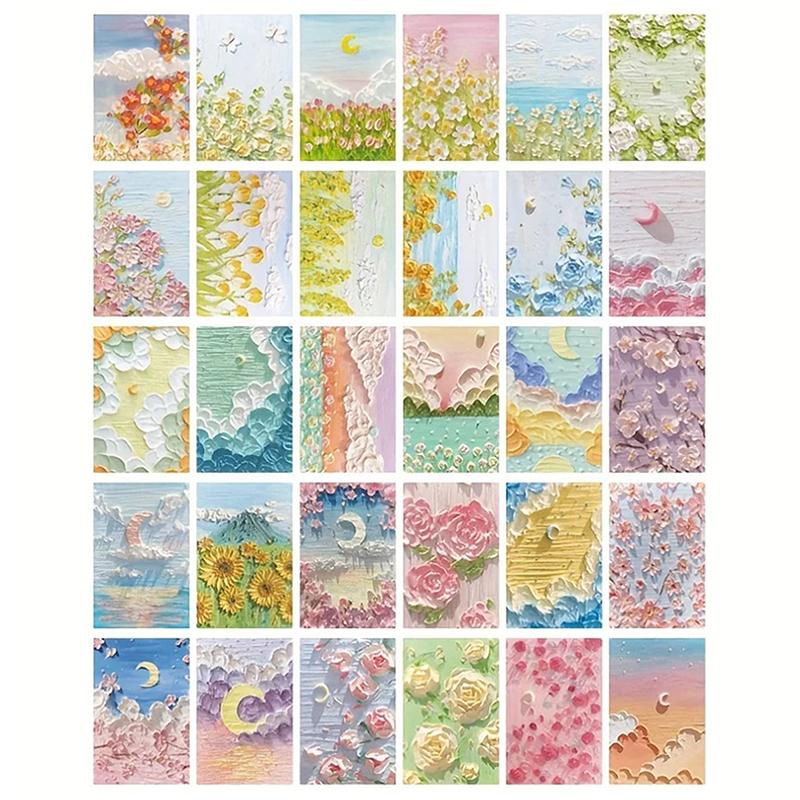 30 Oil Painting Postcards, Art Greeting Cards, Layered Art Greeting Cards, Flower And Grass Mountain Butterfly Moon