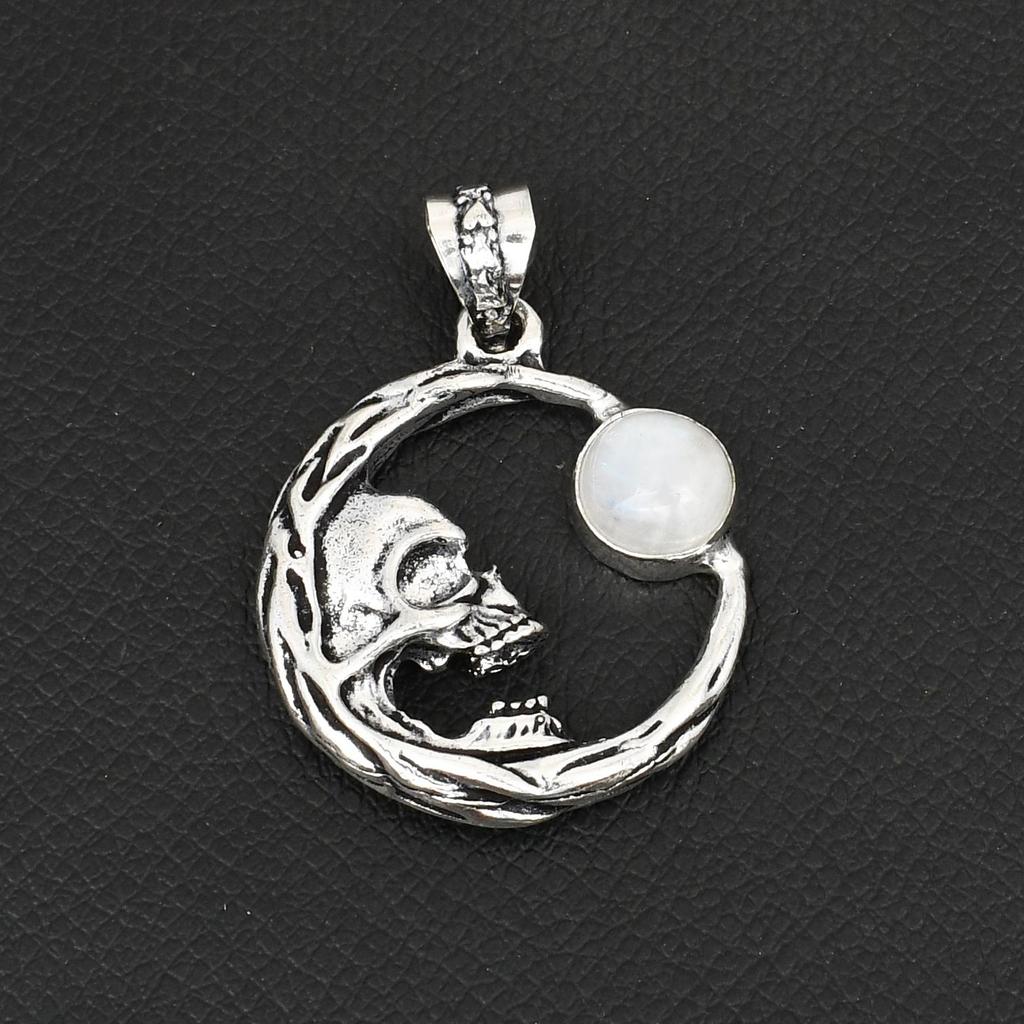 925 Sterling Silver Crescent Moon Skull Pendant for Men & Women Witchy Boho Jewelry with Rainbow Moonstone Gemstone