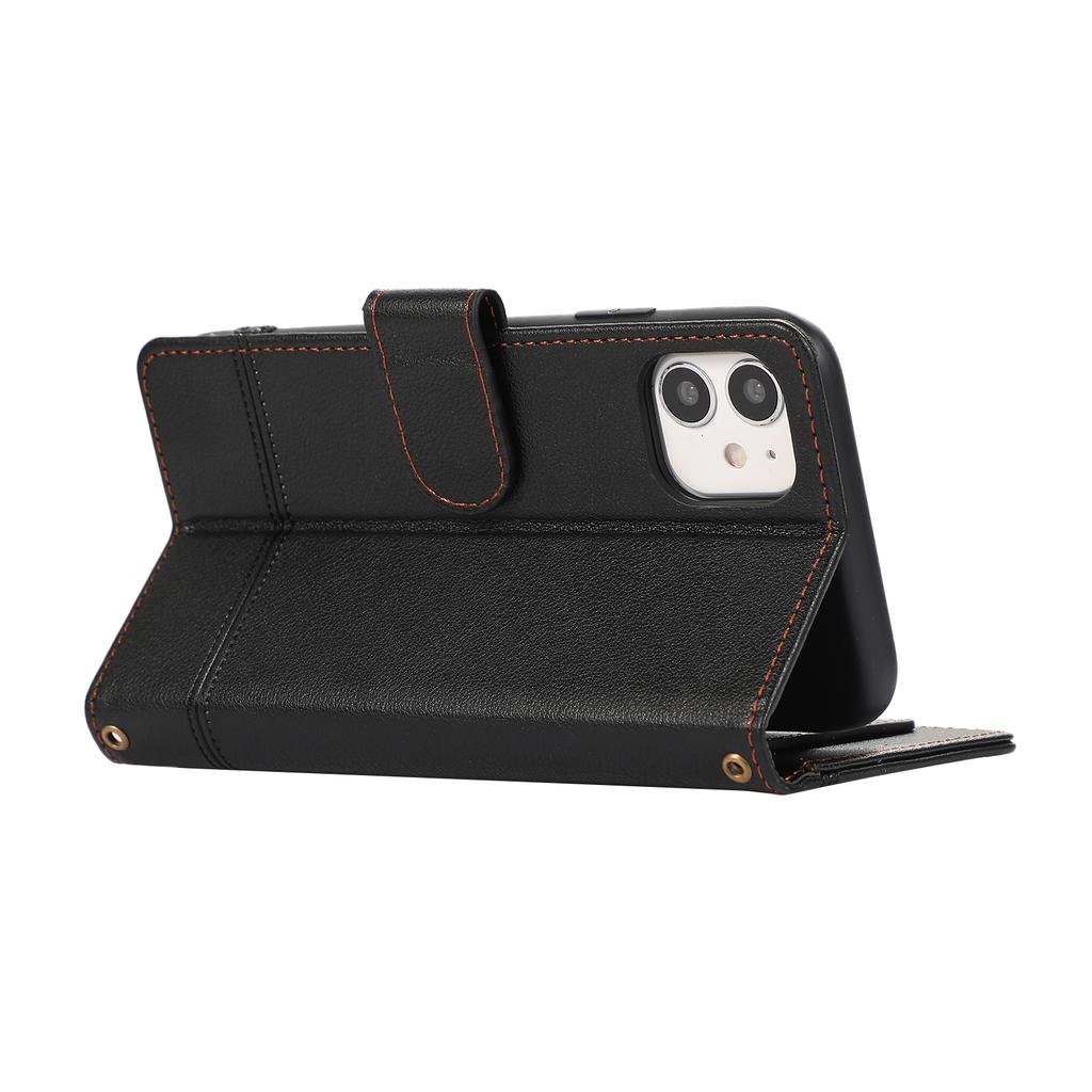 Für iPhone 11 Handyhülle Linien eingeprägt Eingebauter Spiegel Sturzsichere Lederabdeckung mit 2 Bändern