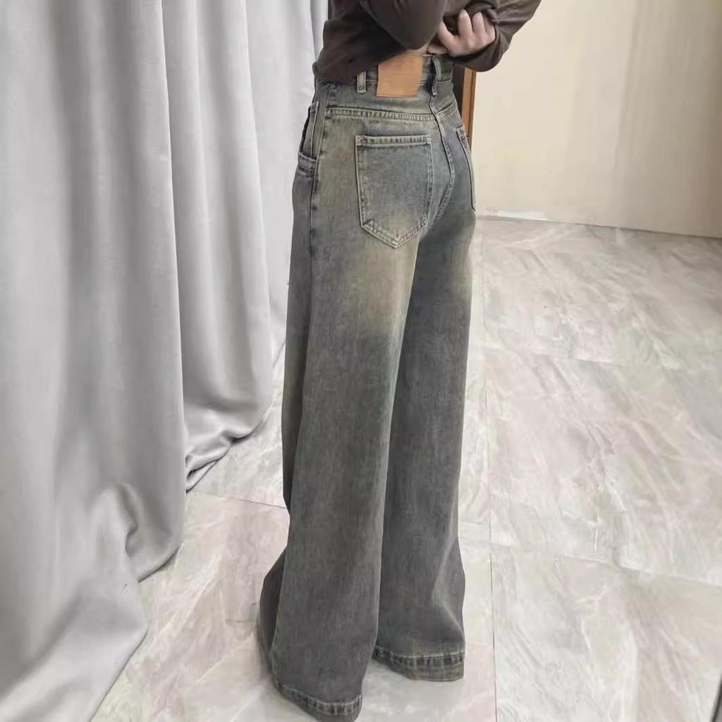 Damskie Jeansy Szerokie Nogawki Wysoki Stan Spierane Styl Amerykański Retro 2024 - Nowe Gorący Hit Luźny Prosty Styl z Drapowaniem