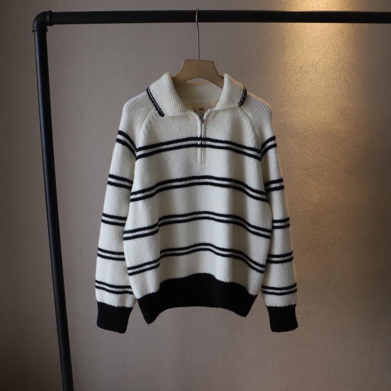 

Женский полосатый вязаный свитер с молнией до середины в корейском стиле, зима 2024 – Новинка One Size белый