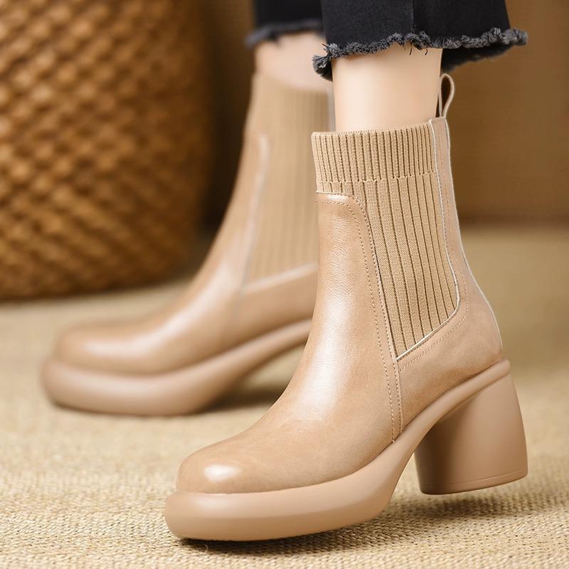 Retro thick-soled thick-heeled sleeve round-headed short boots for women's 2025 autumn and winter new waterproof mid-heel soft-soled boots