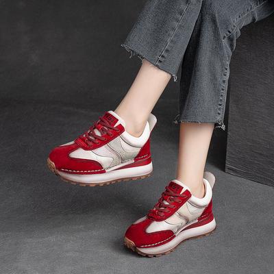Moda GKTINOO 2025 Primavera Nuevas Zapatillas de Cuero Genuino Zapatos Deportivos Casuales Punta Redonda con Cordones Retro Versátiles Zapatos Planos de Mujer