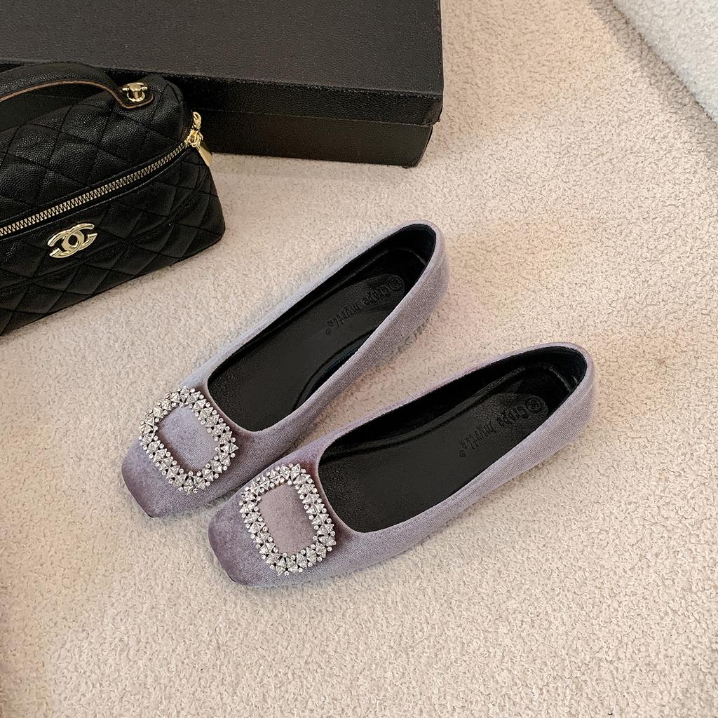 Sheepskin version~ Square head thick heel rhinestone Mary Jane shoes femininity shallow mouth commuting occupation not tired feet ladyshoes single sho