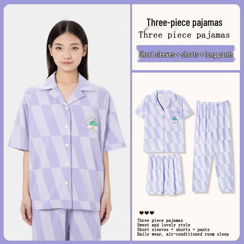Kuromi Japanese-Style Cotton Pajamas: Women's Summer Lapel Sweet Cardigan Homewear Three-Piece Set
