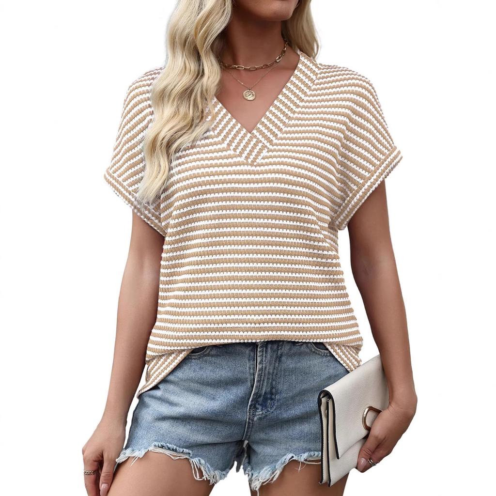 2026 Women's Summer New V-Neck Striped Pineapple Plaid Loose Short Sleeve T-Shirt Top