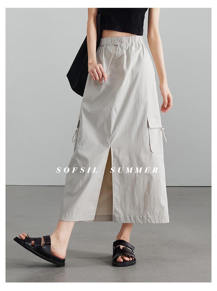 Design sense: Front slit drawstring workwear skirt, 2026 summer thin, fashionable, versatile, casual A-line skirt