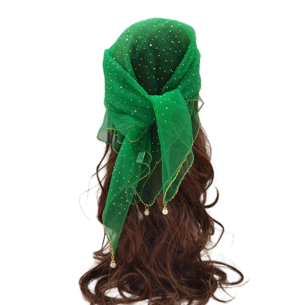 Fashion Pearl Tassel Diamond Hijab Rhinestone Square Pearl Tassel Scarf Full Sky Thin Veil Veil Bandana Women Headwear