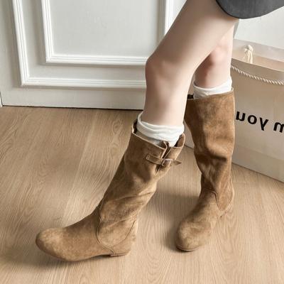 Fashion 2025 Fashion Genuine Leather Long Tube Boots Western Faux Fur Lined Thi Heel Autumn Winter Versatile Slimming Knight Boots