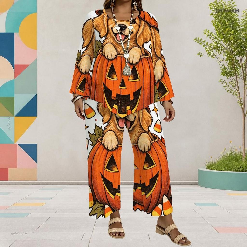 Women Plus Size Round Neck Long Sleeve Cartoon Ghost Printed Layered Top Wide Leg Cropped Pants Two Piece Set