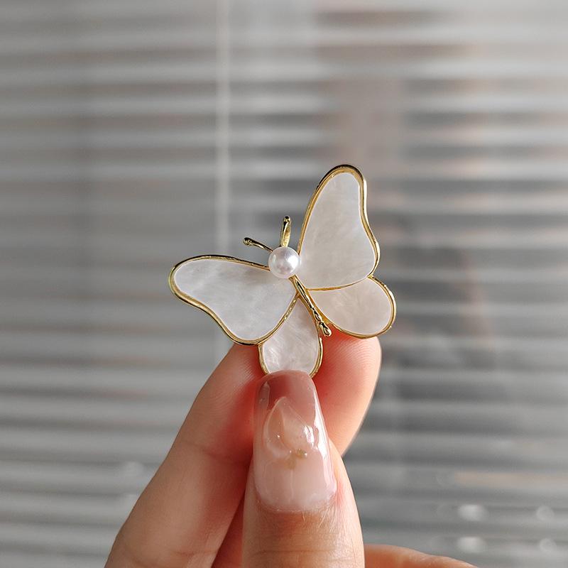 White Butterfly Brooch - Anti-Wardrobe Malfunction Pin with Mother-of-Pearl Finish, Ready Stock Clothing Accessory.