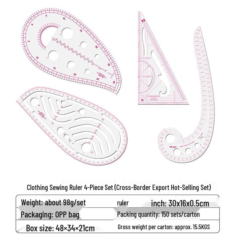 4-Piece Multifunctional Sewing Ruler Set for Clothing Pattern Making and Grading