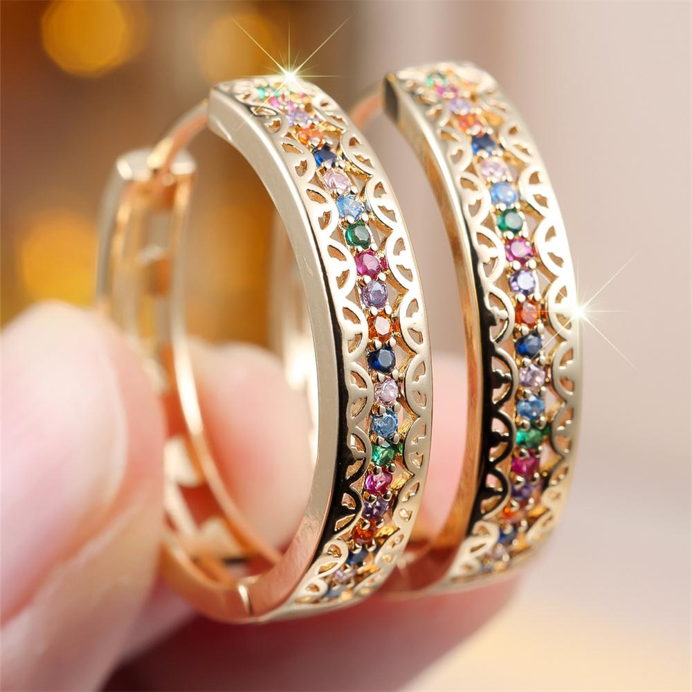 Multicolor Crystal Antique Hollow Flower Hoop Earrings For Women Vintage Gold Color Ear Buckle Wedding Party Jewelry Bridal Gift