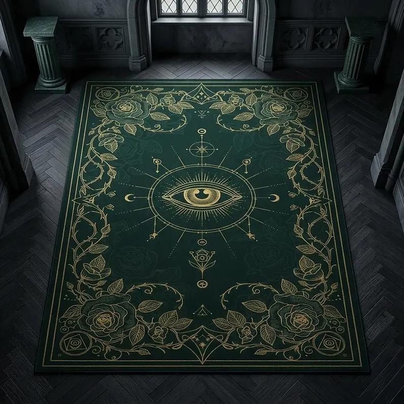 

Dark Gothic Evil Eye Rug Luxury Sacred Geometry Carpet for Living Room Bedroom Emerald Aura Dark Academia DecorNon Slip FloorMat 50x80cm