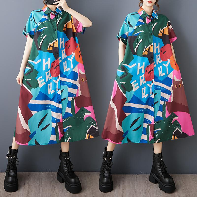 Dimanaf Summer Women 2025 Basic Plus Size Shirt Dress Casual Short Sleeve Buttons Dress Loose Printing Dress