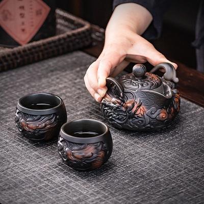Paarse Klei Relief Geluksdraak Handgreep Keramiek Theepot Eén Theepot Twee Kopjes Huis Theezet Set Kung Fu Thee Set Pakket